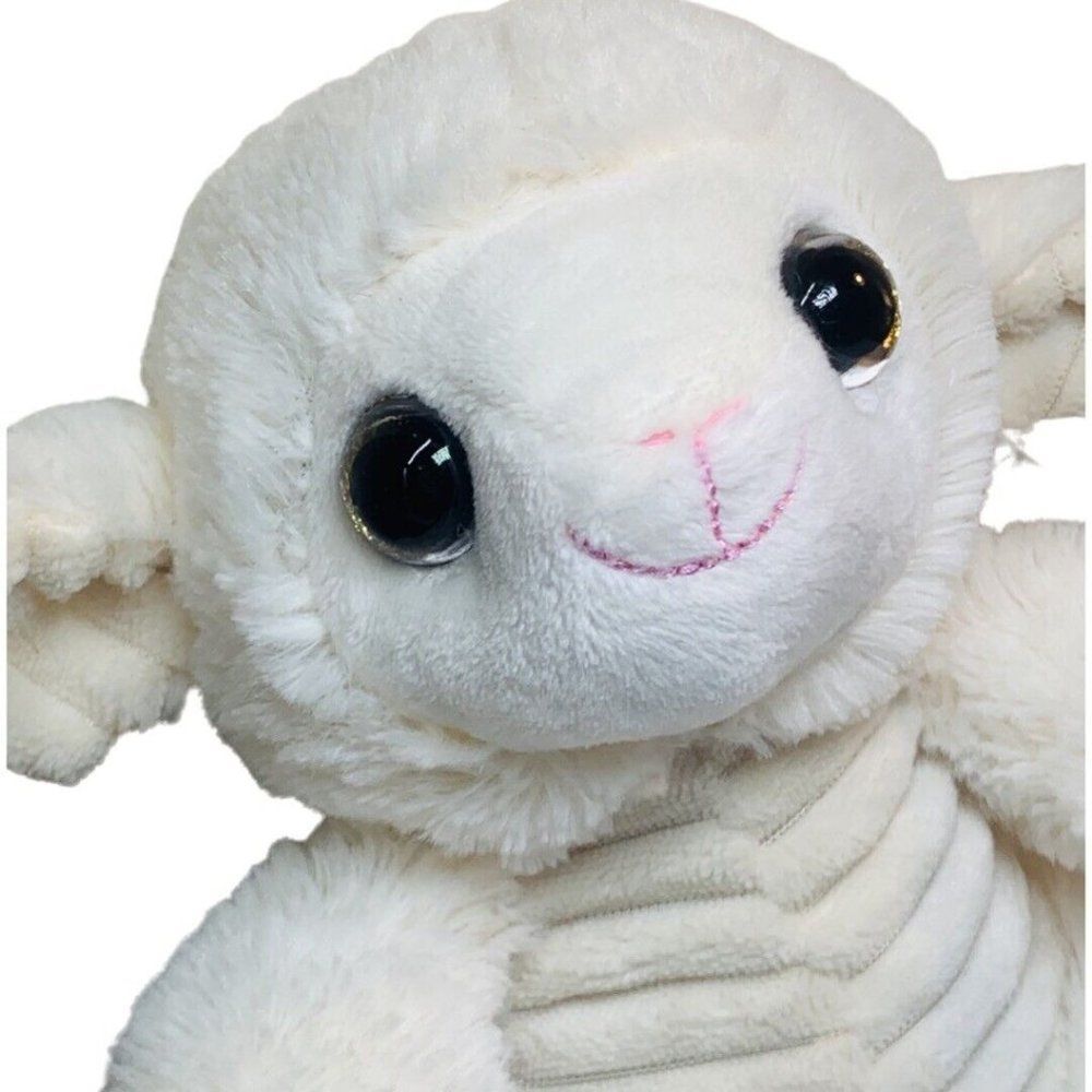 Beige Ribbed Baby Lamb Soft Plush Stuffed Animal Glitter Eyes Doll 7"